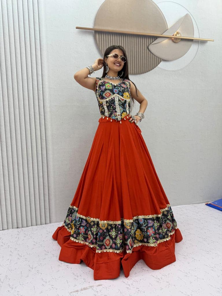 Red-Orange Festival Wear Lehenga Choli with 6-Meter Big Flair & Mirror Borders view 7