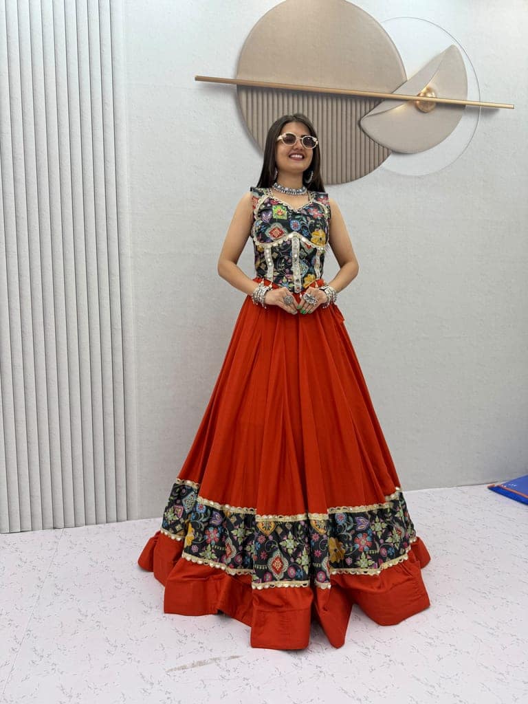 Red-Orange Festival Wear Lehenga Choli with 6-Meter Big Flair & Mirror Borders view 8