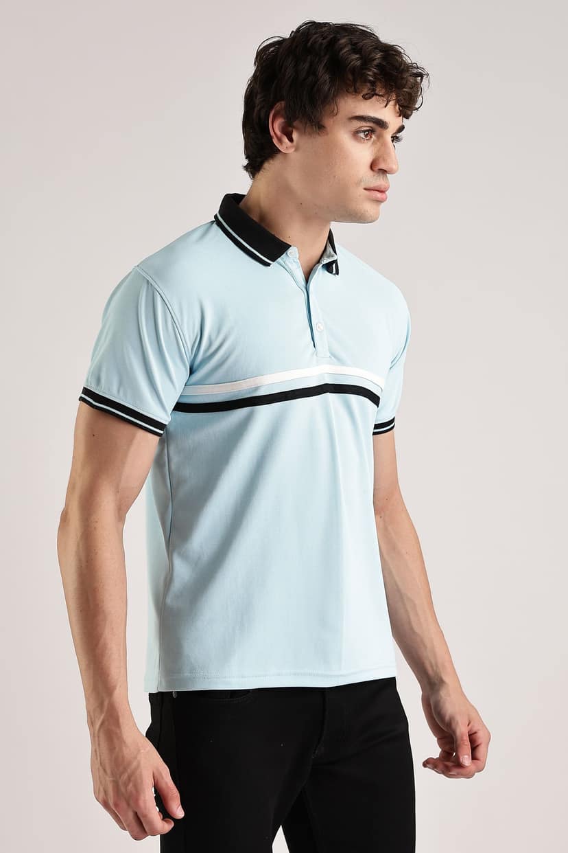 Polyester Sky Blue Striped Polo view 7