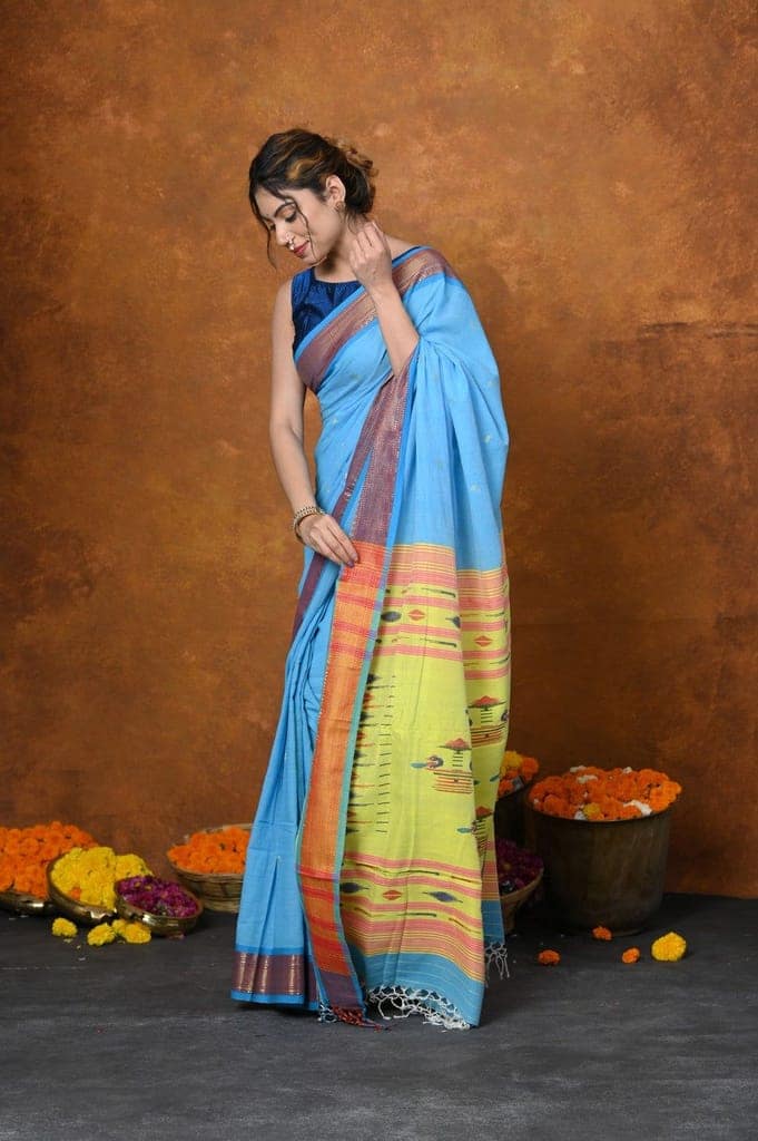 Jijamata Border Pure Cotton Paithani Saree With Traditional Double Pallu ~ Serene Blue view 2