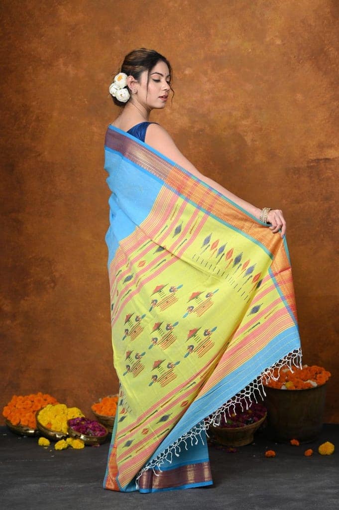 Jijamata Border Pure Cotton Paithani Saree With Traditional Double Pallu ~ Serene Blue view 3