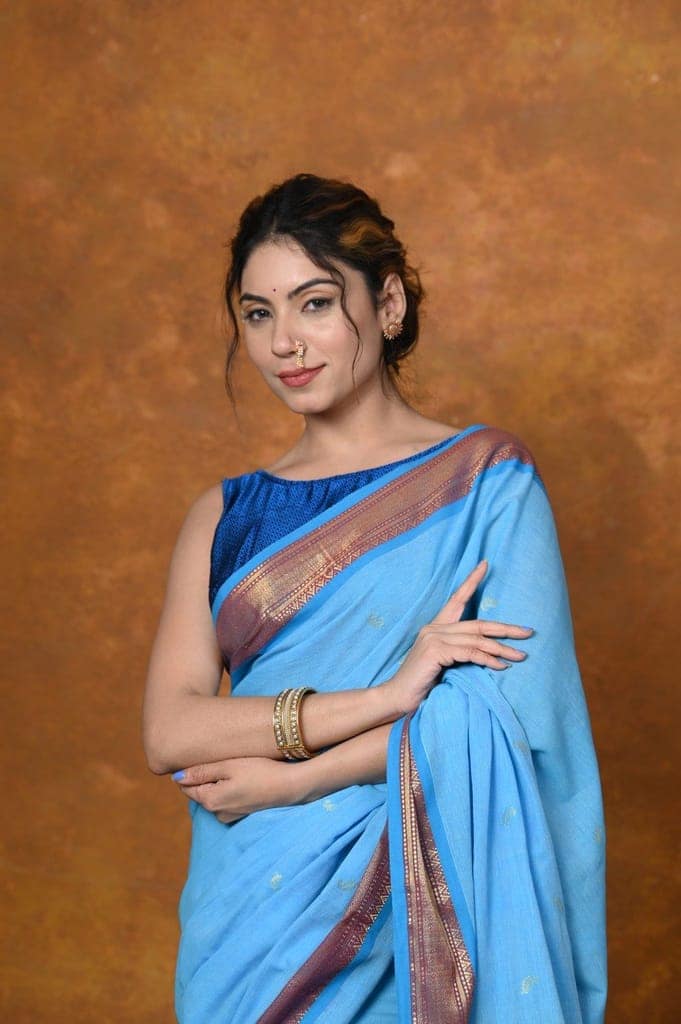 Jijamata Border Pure Cotton Paithani Saree With Traditional Double Pallu ~ Serene Blue view 4