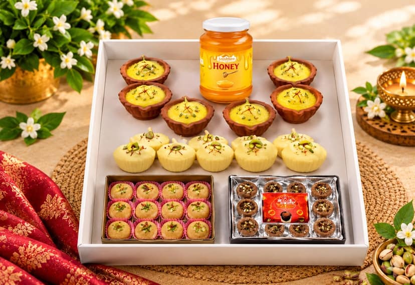 Srishtee Diwali Gift Pack (5 pcs Cowdung Diya with Ghee, 5 pcs Ghee Diya, 1 pkt Sambrani Dhoop Cup, 100 ml Honey, 12 pcs Millet Laddu) view 2