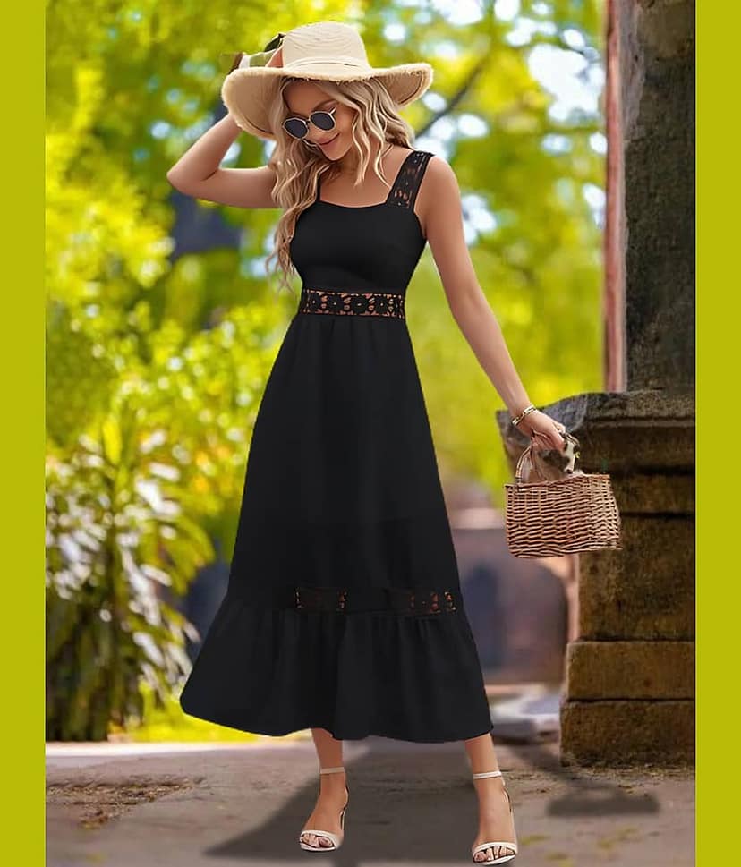 ZELZIS Women Crepe Crochet Maxi ( Black )