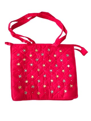 Red Hand Embroidered Mirror Work Tote Bag with Adjustable Strap