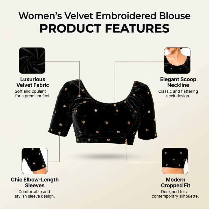 LUSTER Velvet Readymade Long Sleeve Blouse for Women, Elegant, Comfortable, Stylish, Saree Choli Top, Traditional, Size S, M, L, XL, XXL (Black, S) view 4
