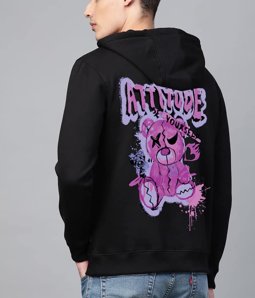 SCOTT FINCHER Black Hoodie with Purple Graphic Design of a Bear and the Words "Attitude is Everything" : AA(RSHOD)BLACK_214