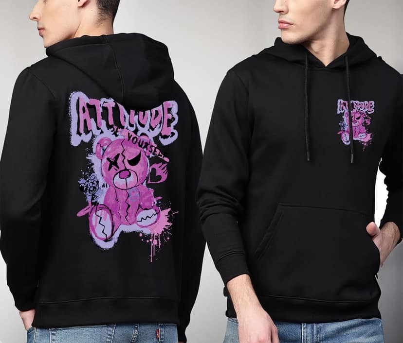 SCOTT FINCHER Black Hoodie with Purple Graphic Design of a Bear and the Words "Attitude is Everything" : AA(RSHOD)BLACK_214 view 3