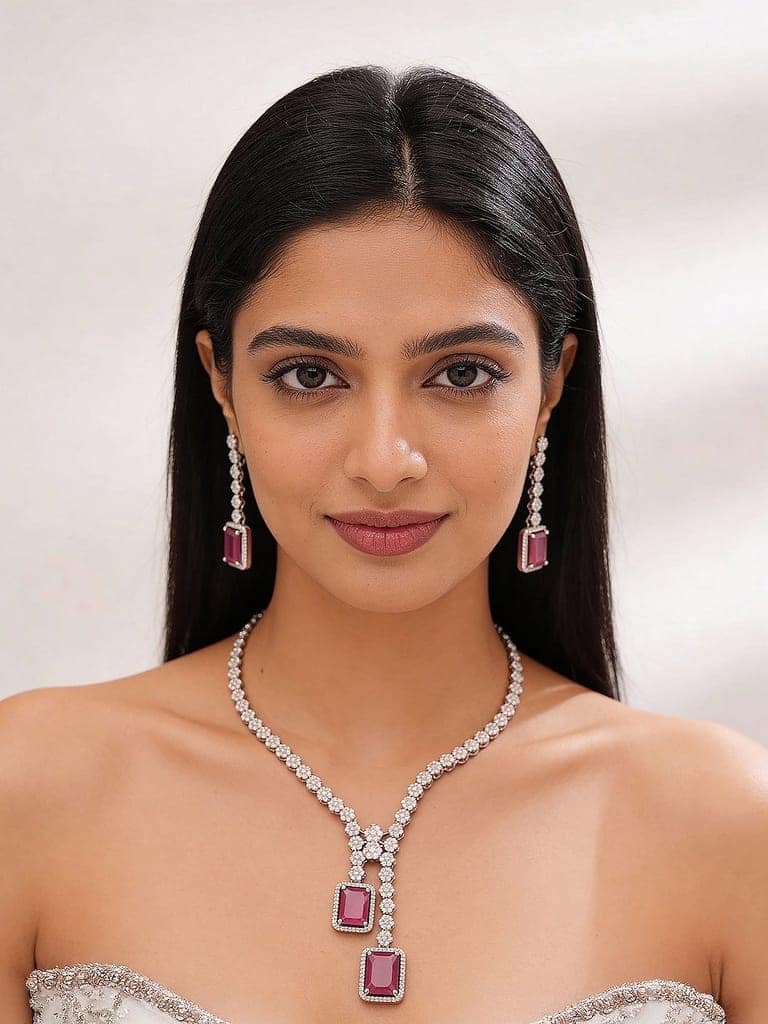Silver Toned Ruby Red AD Zircon Studded Dangling Cocktail Jewellery Set view 2