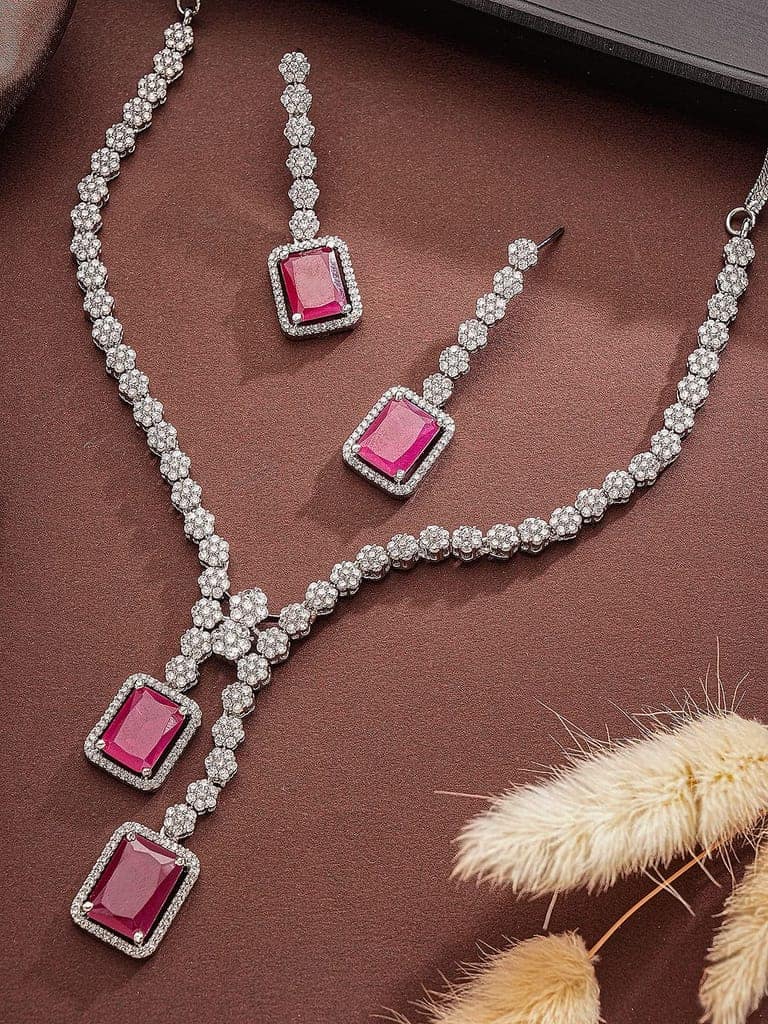 Silver Toned Ruby Red AD Zircon Studded Dangling Cocktail Jewellery Set view 3