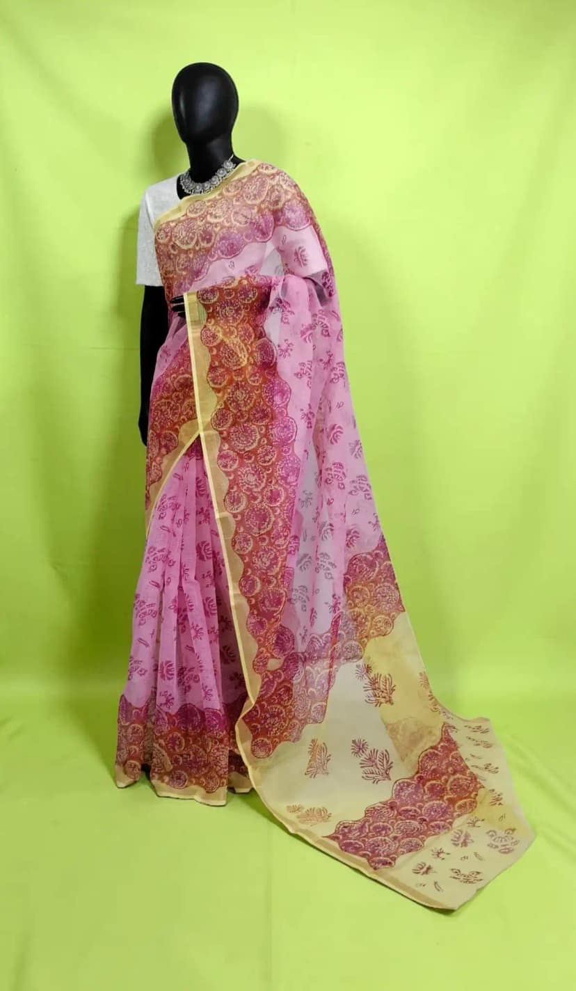 Handwoven Kota Doria Block Print Saree in Yellow with Blouse view 2