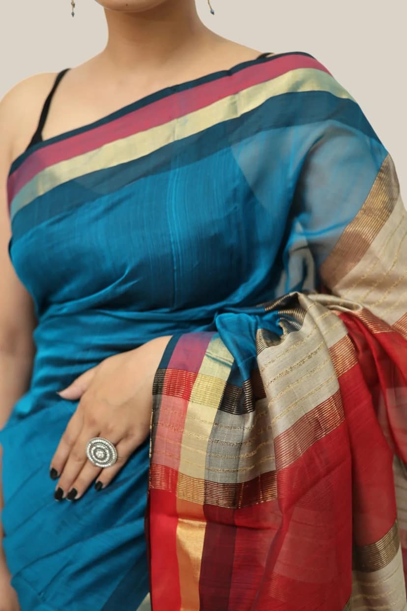 Legacy Kosa Pallu Mystic Blue Red handloom Saree with Tassels view 2