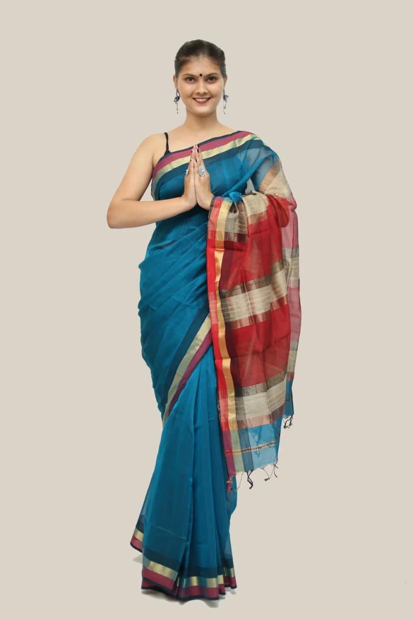 Legacy Kosa Pallu Mystic Blue Red handloom Saree with Tassels view 3