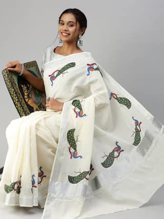 Womens Kerala Off White Peacock Design Printed Silver Jari Saree OKS05