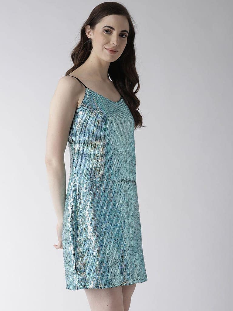 Women Blue Sequinned A-Line Dress view 6