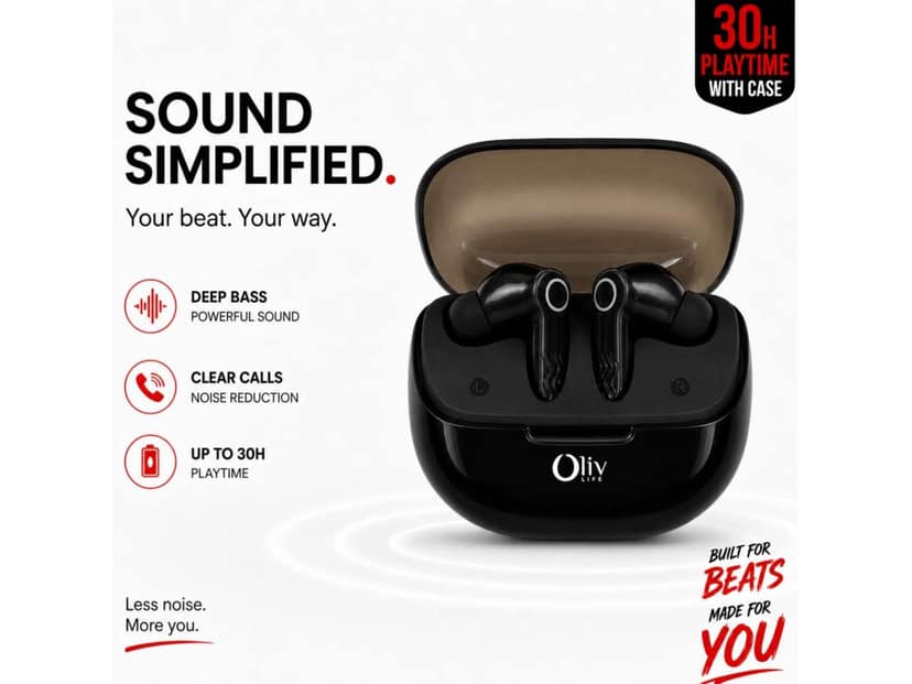 OlivLife NERO True Wireless Earbuds, Bluetooth 6.0 in-Ear Headphones with ENC Mic, 14H Playtime, Deep Bass, Premium Sound, Type-C Fast Charging Case - Black view 3