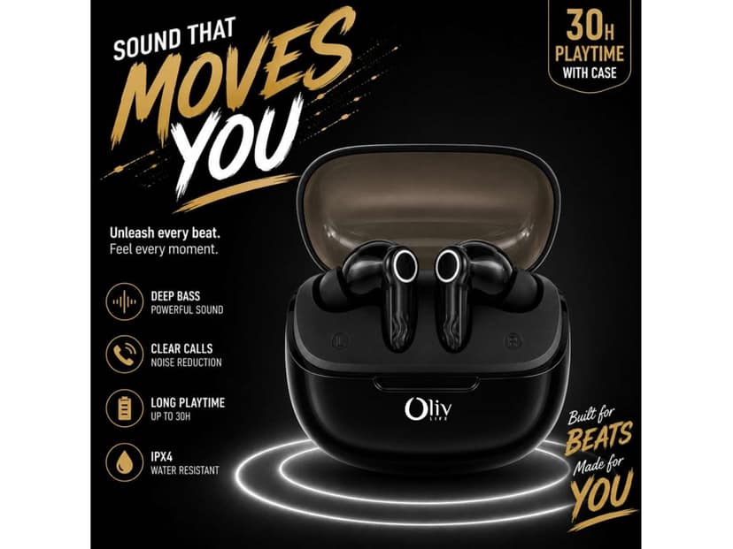 OlivLife NERO True Wireless Earbuds, Bluetooth 6.0 in-Ear Headphones with ENC Mic, 14H Playtime, Deep Bass, Premium Sound, Type-C Fast Charging Case - Black view 4