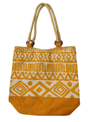 Yellow and White Handwoven Jute Tote Bag with Geometric Print