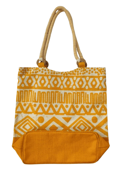 Yellow and White Handwoven Jute Tote Bag with Geometric Print view 3