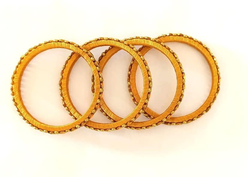 Handcrafted Golden Silk Thread Bangles | Orange Stone Embellished Ethnic Set view 4