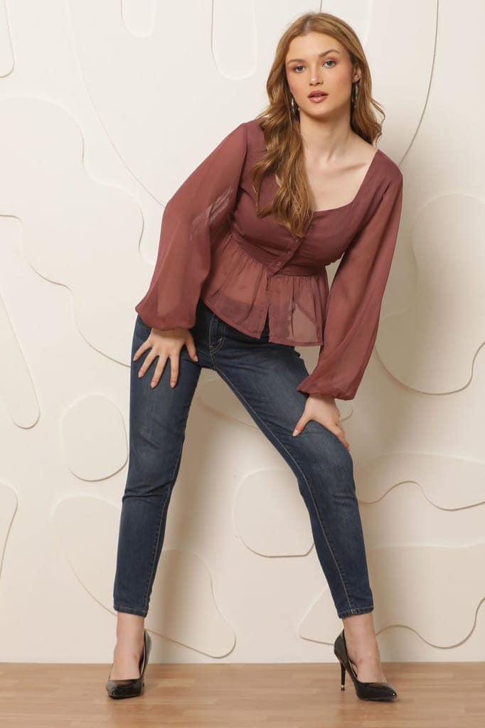 Mauve Solid Semi Sheer Peplum Top view 4