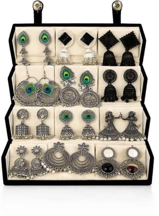 12 Pairs Oxidized Silver Jhumka & Dangle Earring Set with Velvet Box