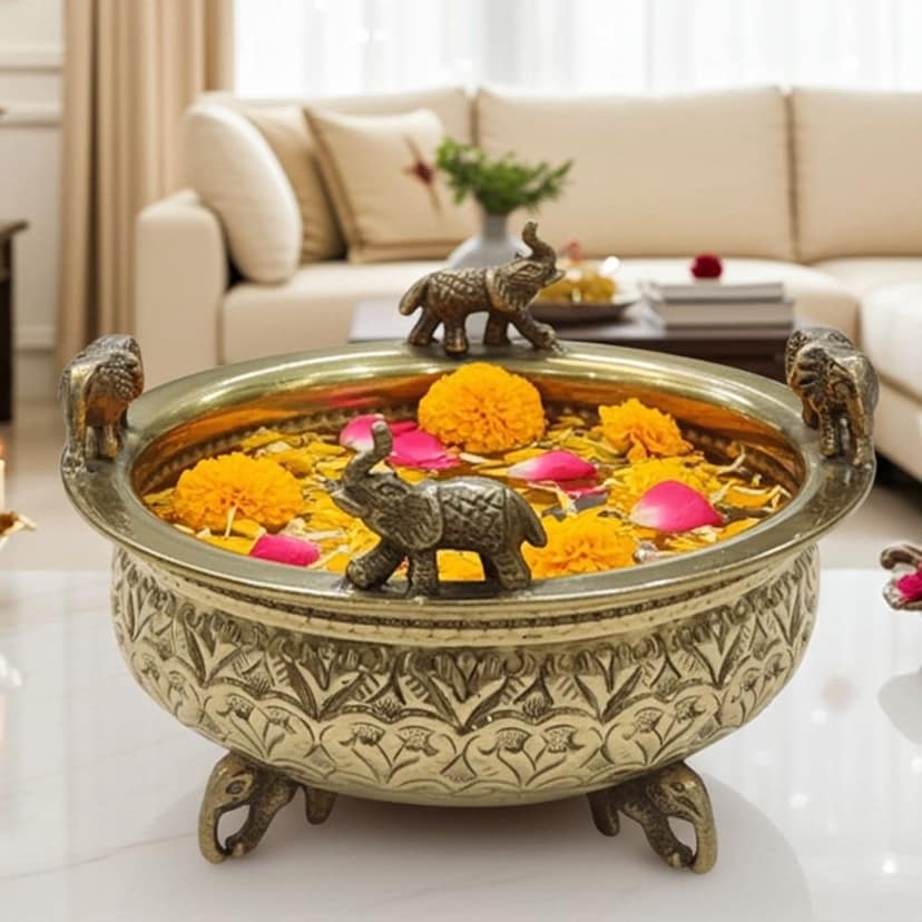 Brass Antique Elephant Urli Bowl ? Home Decor & Pooja Use, Diameter : 6 Inch (ATMAS072 B)