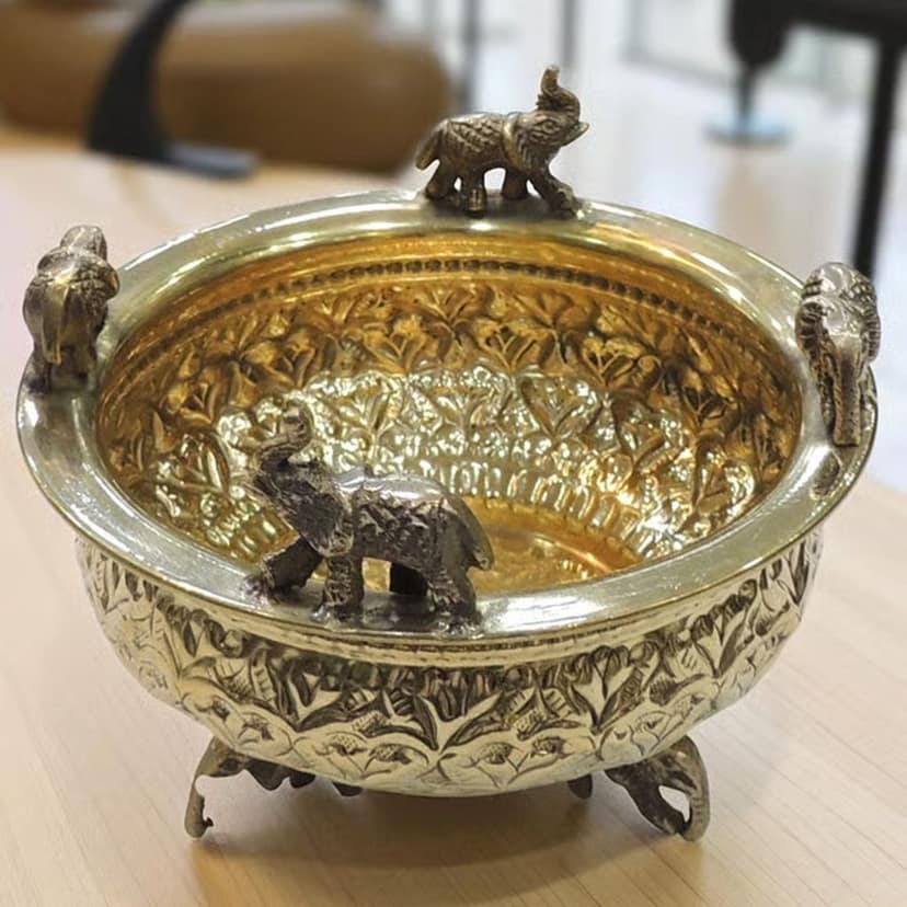 Brass Antique Elephant Urli Bowl ? Home Decor & Pooja Use, Diameter : 6 Inch (ATMAS072 B) view 2
