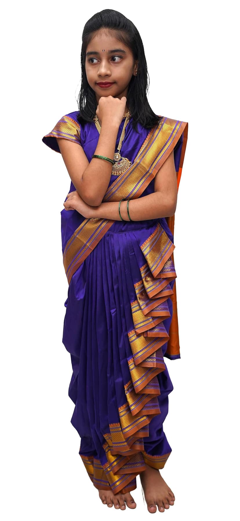 LUSTER Girl's Belgaon Silk Nauwari Saree (8-9 Years, Navy Blue)