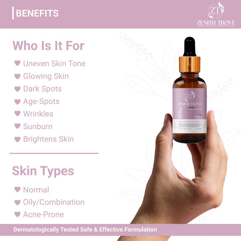 Zenith Trove Vitamin C Face Serum | Reduces Dark Spots & Hyperpigmentation | Hydrating & Brightening | With Alpha Arbutin, Ferulic Acid & Vitamin E | For All Skin Types | 30ml view 2