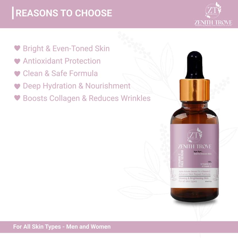 Zenith Trove Vitamin C Face Serum | Reduces Dark Spots & Hyperpigmentation | Hydrating & Brightening | With Alpha Arbutin, Ferulic Acid & Vitamin E | For All Skin Types | 30ml view 6