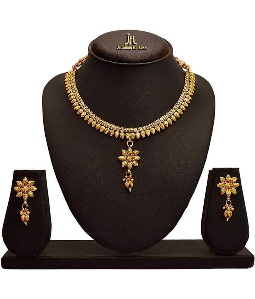 JFL - Jewellery For Less Copper Golden Traditional 22kt Gold Plated Necklaces Set