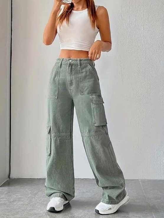 Glossia Fashion Women Cargo Jeans | High Waist Stretchable Wide Leg Straight Fit Denim| Boyfriend Jeans for Women - Light Green, 38 view 2