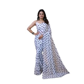 womens georgette printed saree with unstitched blouse 5mtr white blue pid63033