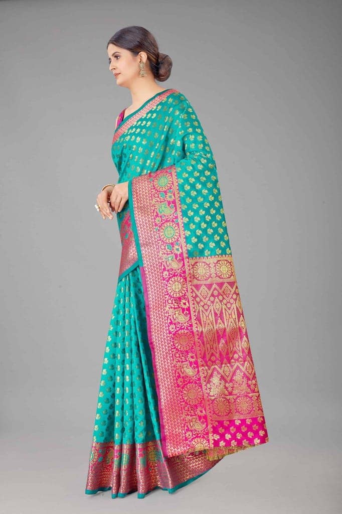 Women's Banarasi Silk Golden Zari Touch Woven Rama Saree view 2