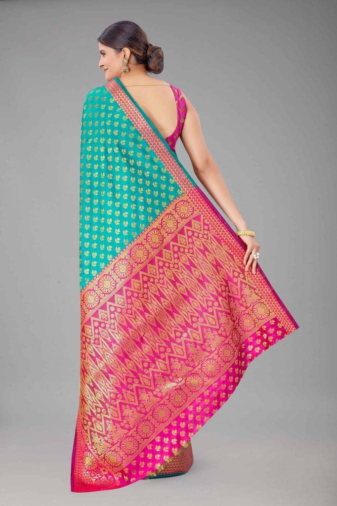Women's Banarasi Silk Golden Zari Touch Woven Rama Saree view 3