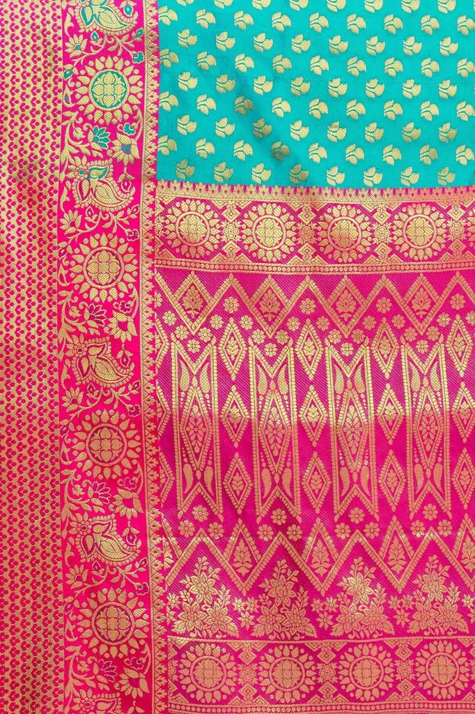 Women's Banarasi Silk Golden Zari Touch Woven Rama Saree view 5