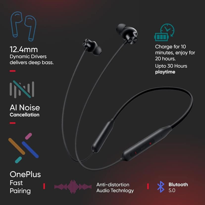 Oneplus Bullets Z2 Bluetooth Wireless in Ear Earphones with Mic, Bombastic Bass - 12.4 mm Drivers, 10 Mins Charge - 20 Hrs Music, 30 Hrs Battery Life, IP55 Dust and Water Resistant (Magico Black) view 5