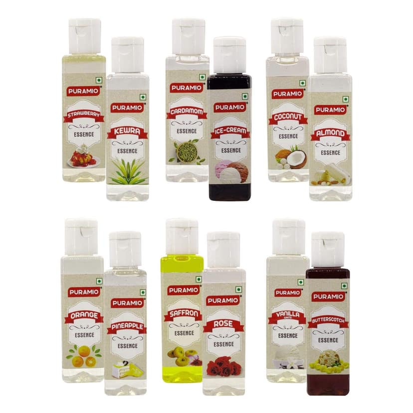 Puramio Liquid Food Essence (Vanilla White, Pineapple, Rose, Orange, Saffron, Cardamom, Butterscotch, Kewra, Strawberry, Almond, Coconut, Ice Cream), 50 ml Each - Pack of 12