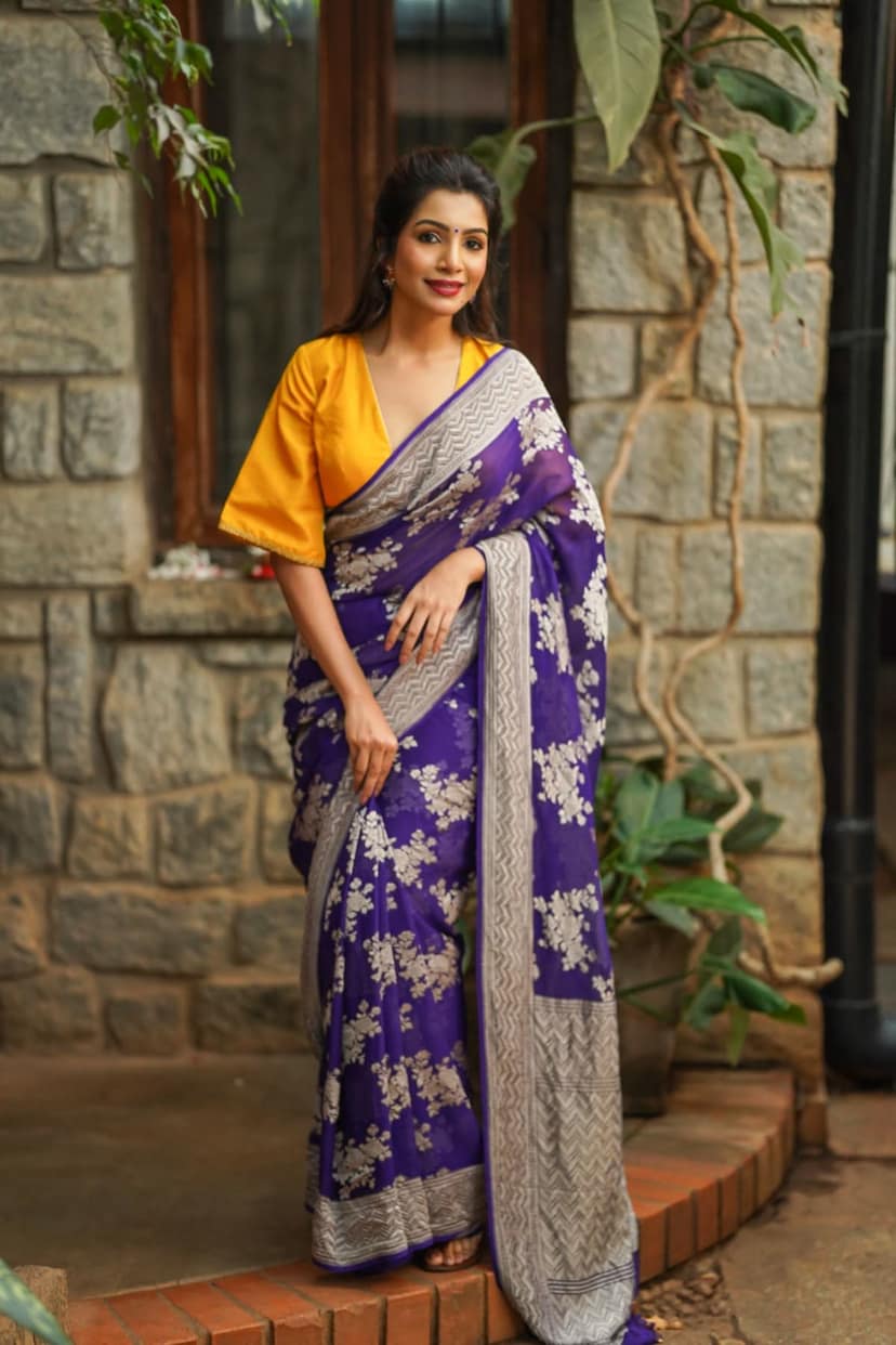 Pure Georgette Silk Banarasi Saree in Purple with Floral Jaal Weave in Silver Tone Zari | SILK MARK CERTIFIED
