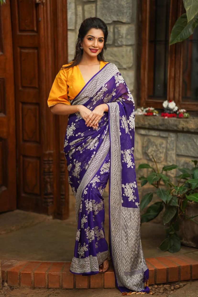 Pure Georgette Silk Banarasi Saree in Purple with Floral Jaal Weave in Silver Tone Zari | SILK MARK CERTIFIED view 3