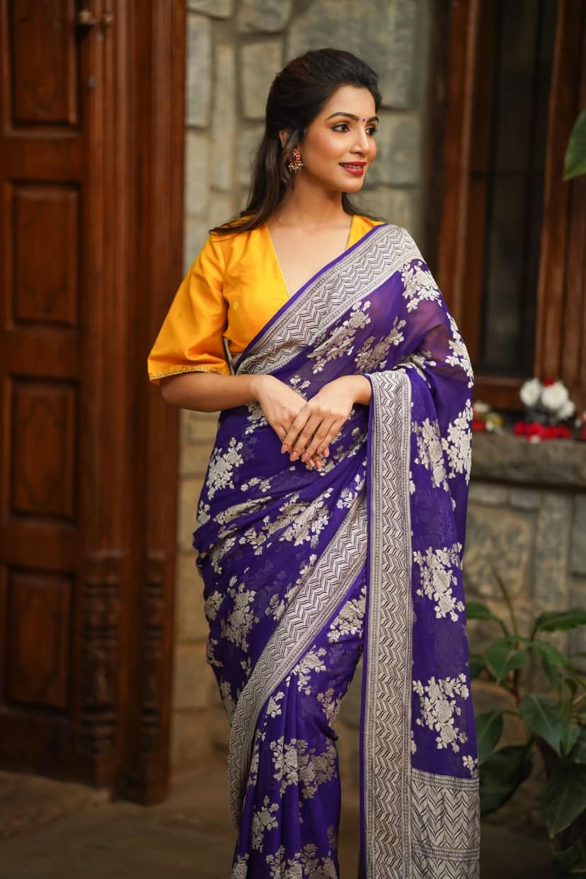 Pure Georgette Silk Banarasi Saree in Purple with Floral Jaal Weave in Silver Tone Zari | SILK MARK CERTIFIED view 6