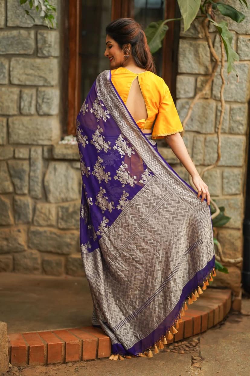 Pure Georgette Silk Banarasi Saree in Purple with Floral Jaal Weave in Silver Tone Zari | SILK MARK CERTIFIED view 7