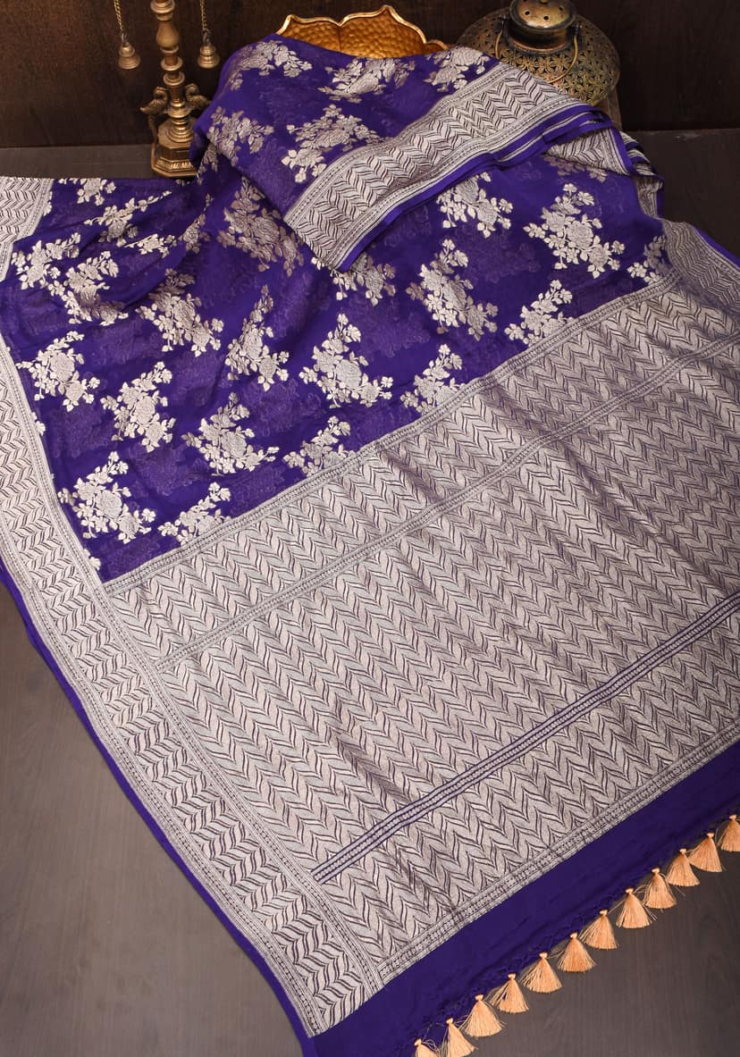 Pure Georgette Silk Banarasi Saree in Purple with Floral Jaal Weave in Silver Tone Zari | SILK MARK CERTIFIED view 9