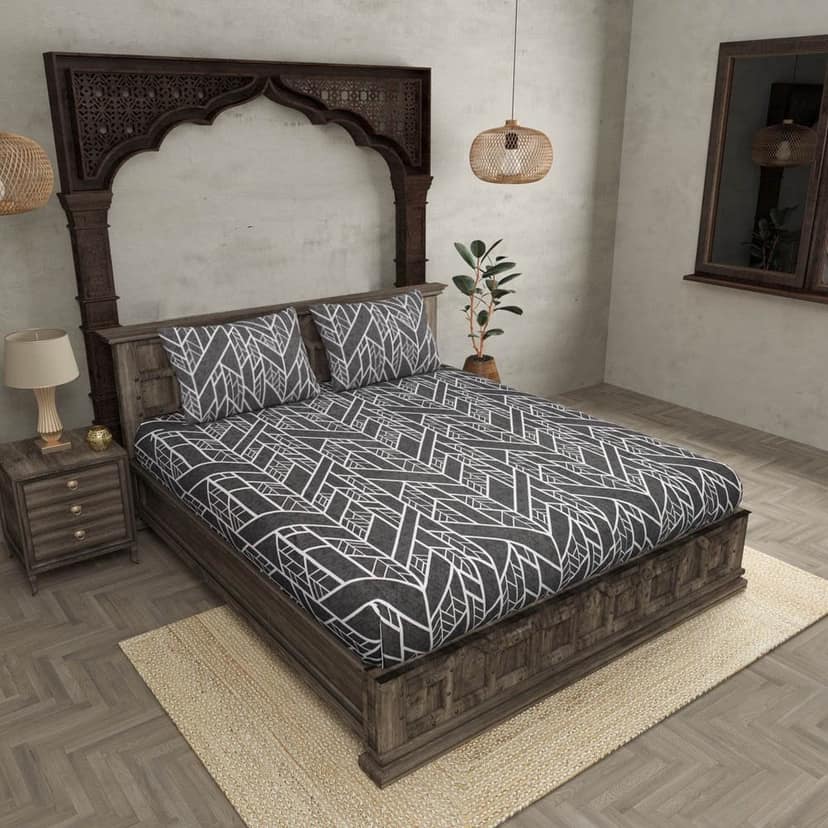 Quirky Home Fantasy Collection Premium Cotton Blend 180 TC Fitted King Wrinklefree Bedsheet with 2 Pillow Covers, New X Grey view 2