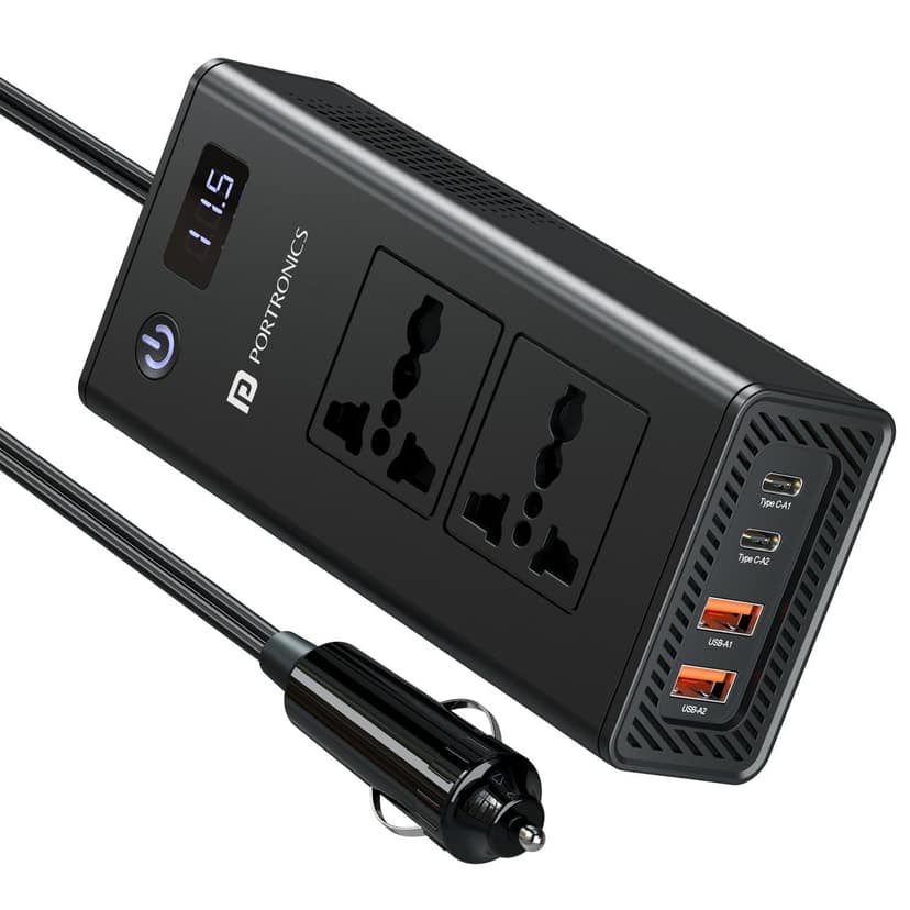 Portronics Zaptor Car Inverter with Dual AC Sockets, Dual 20W Type-C PD, Dual 36W USB-A Ports, Input Voltage Display, ON/OFF Switch for AC Sockets