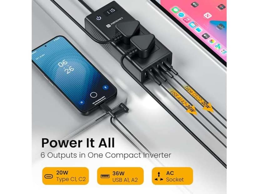Portronics Zaptor Car Inverter with Dual AC Sockets, Dual 20W Type-C PD, Dual 36W USB-A Ports, Input Voltage Display, ON/OFF Switch for AC Sockets view 3