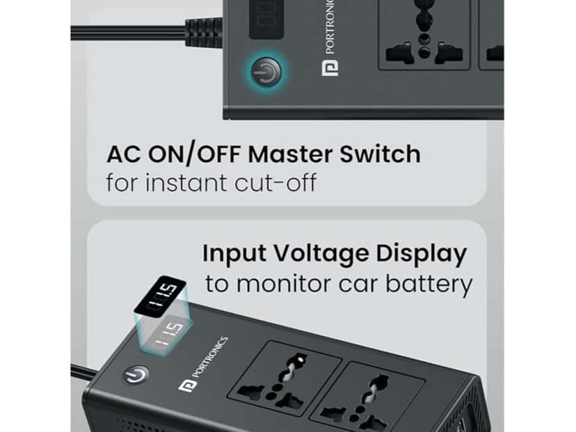 Portronics Zaptor Car Inverter with Dual AC Sockets, Dual 20W Type-C PD, Dual 36W USB-A Ports, Input Voltage Display, ON/OFF Switch for AC Sockets view 4