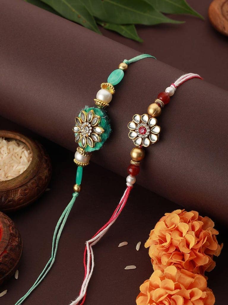 Set of 2 Kundan & Pearl Beaded Rakhi with 10 gram Radhe Krishna round 999 Round Silver Coin view 2