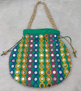 Green Potli Bag with Mirror Work and Pearl Handle